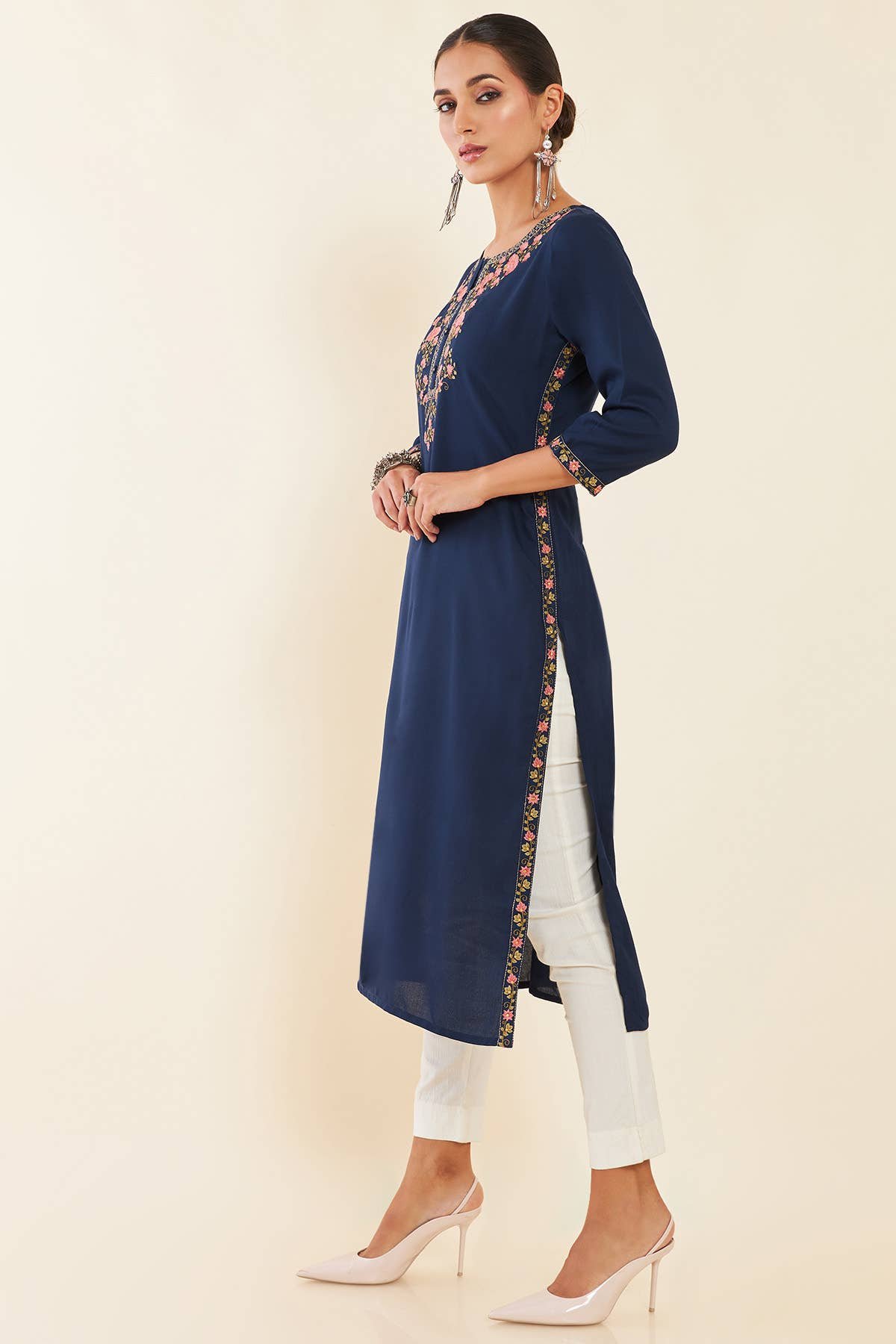 Navy Blue Floral Embroidered Rayon Kurta - Image 3