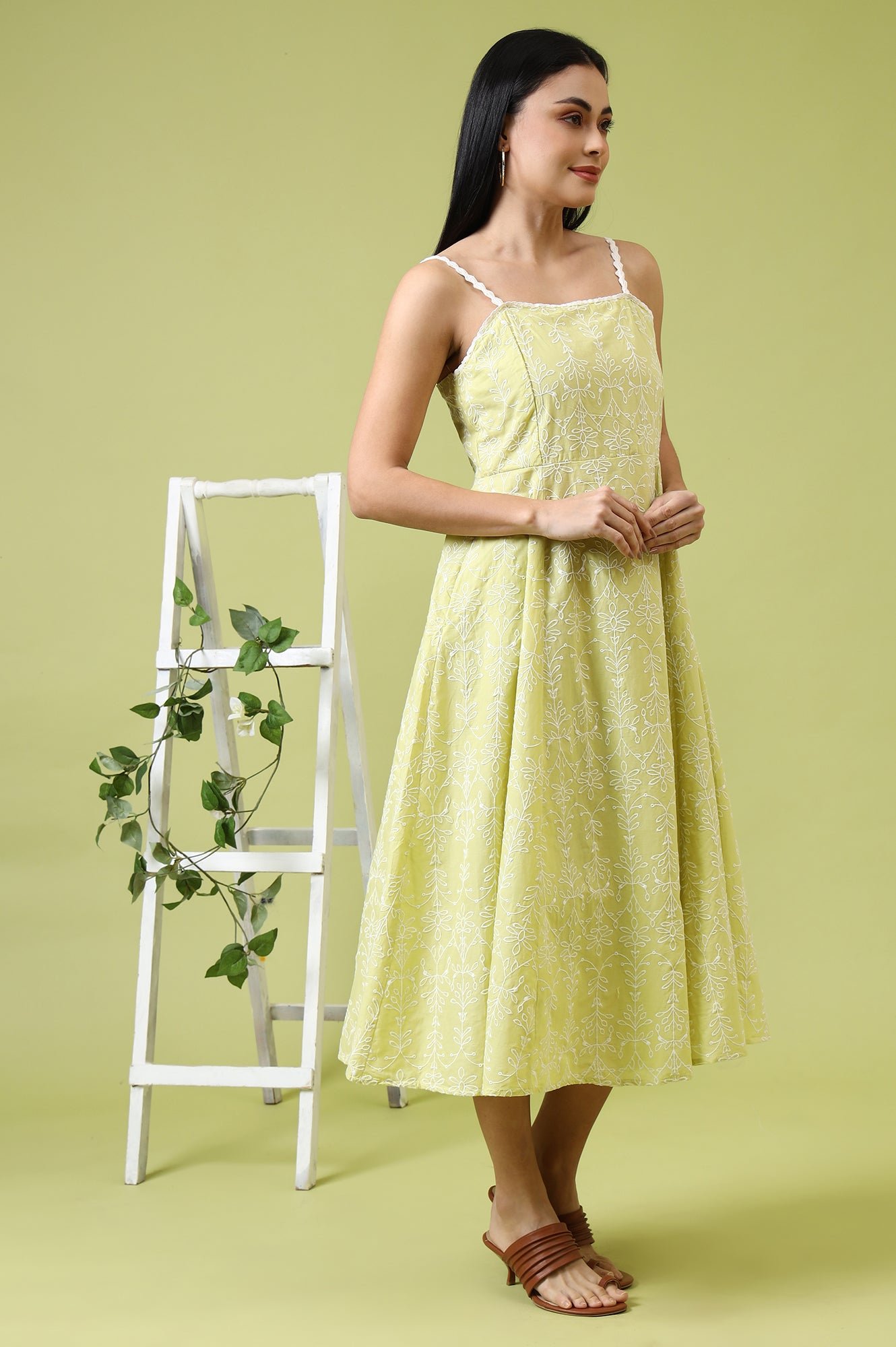 Lime Green Schiffli Embroidered Pure Cotton Flared Spaghetti Dress - Image 5