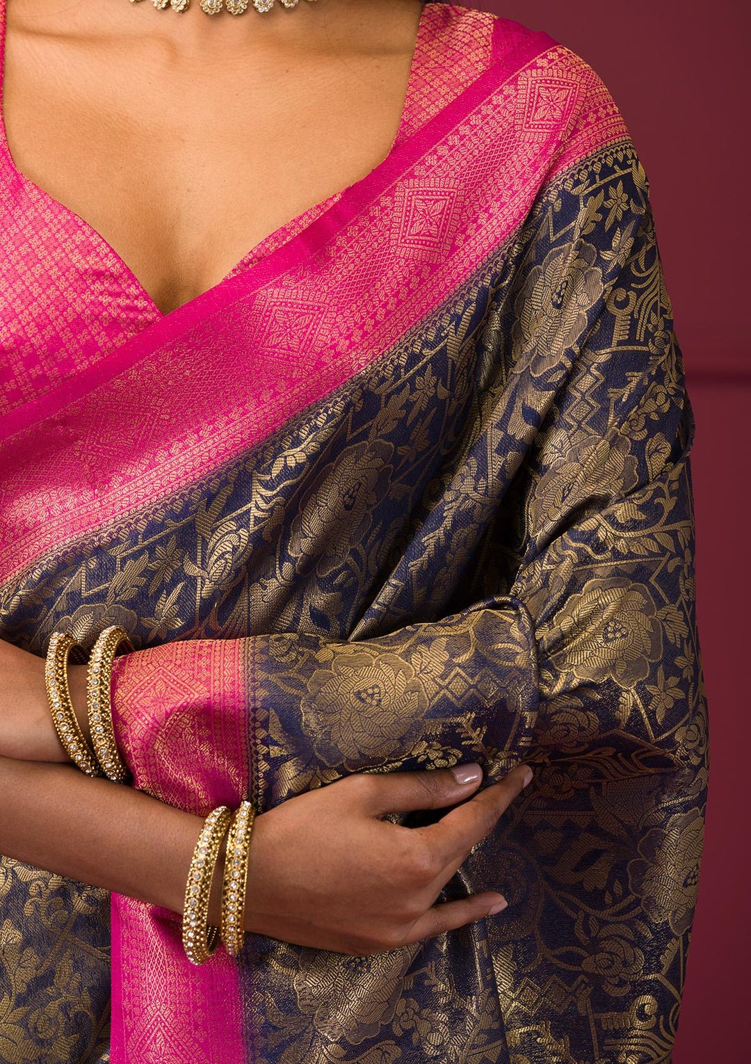 Navy Blue Zariwork Soft Silk Saree - Image 2